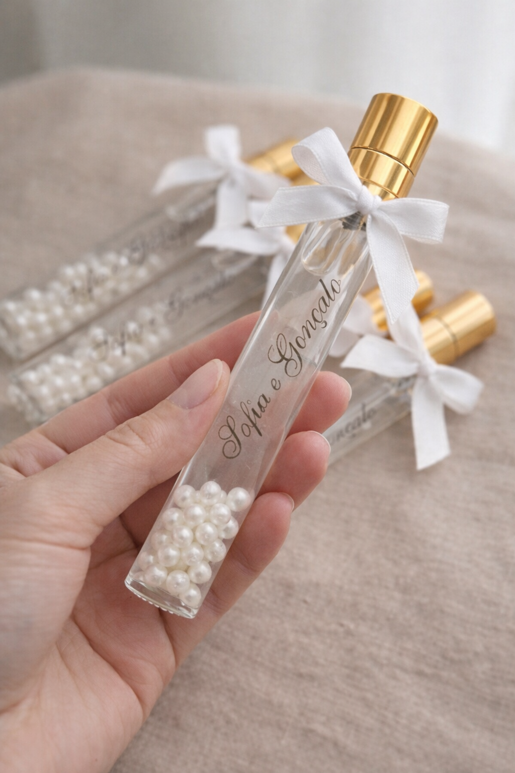 Lembrança: Frasquinho em Spray com Perfume para Casa e Pérolas