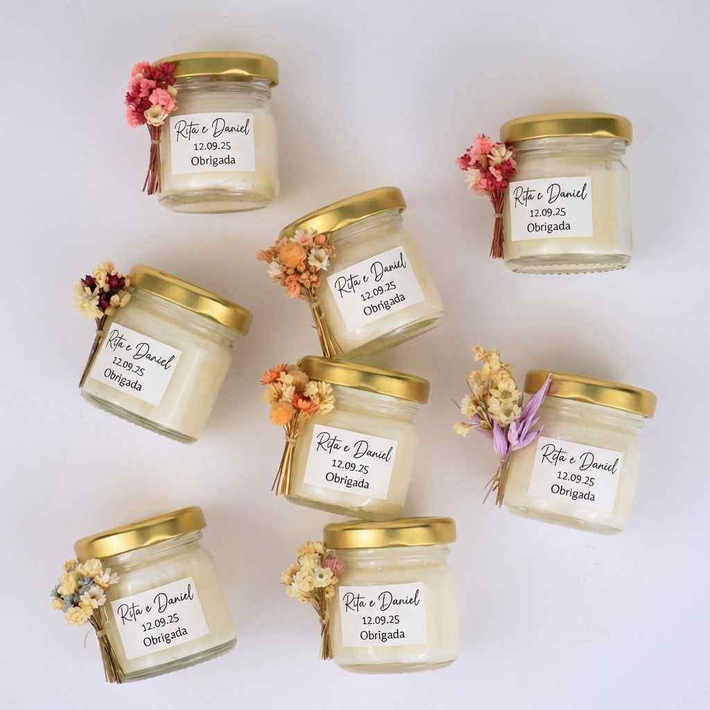 Vela mini pote com flores secas com decoração para lembrança