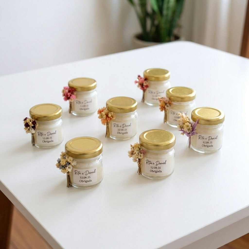 Vela mini pote com flores secas com decoração para lembrança