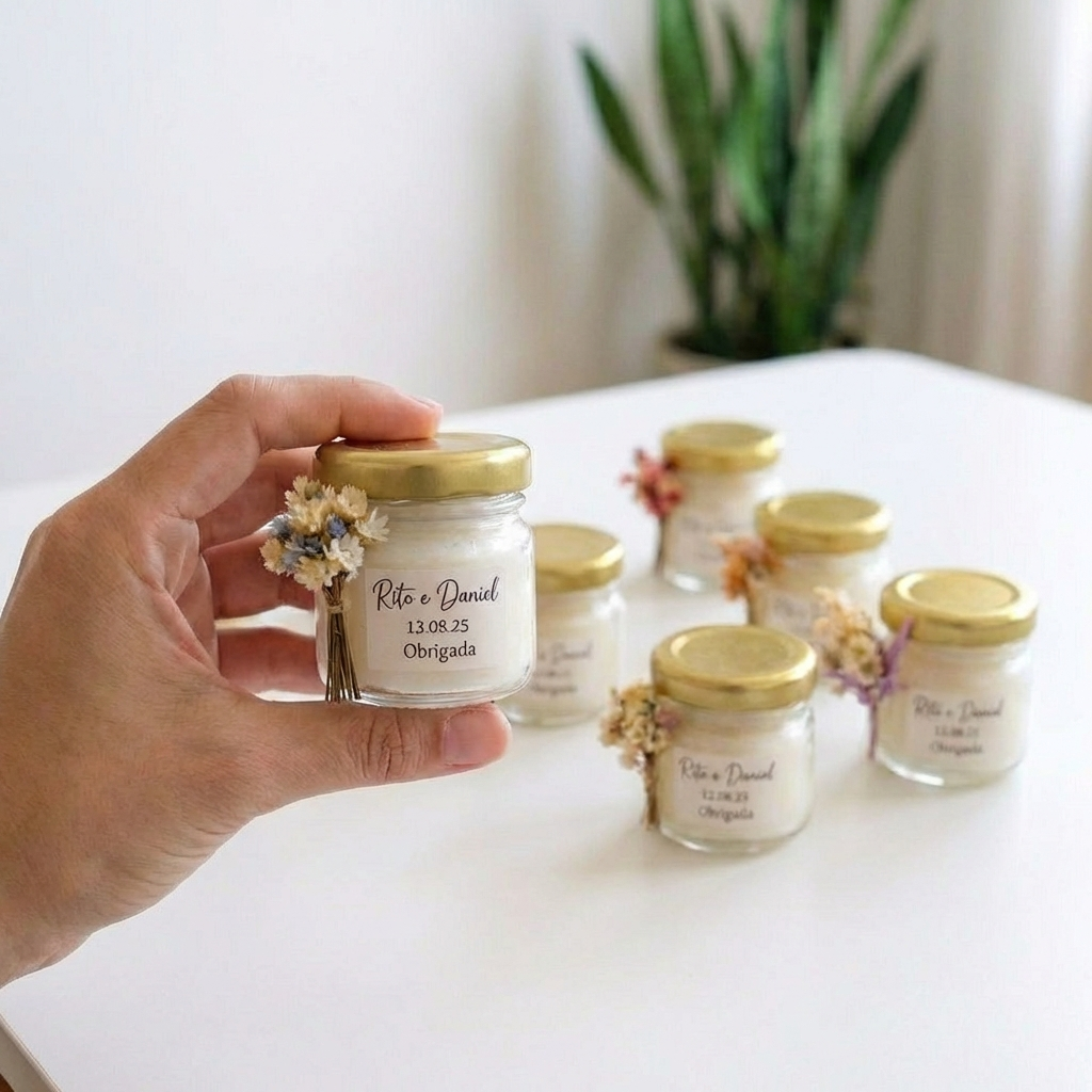 Vela mini pote com flores secas com decoração para lembrança