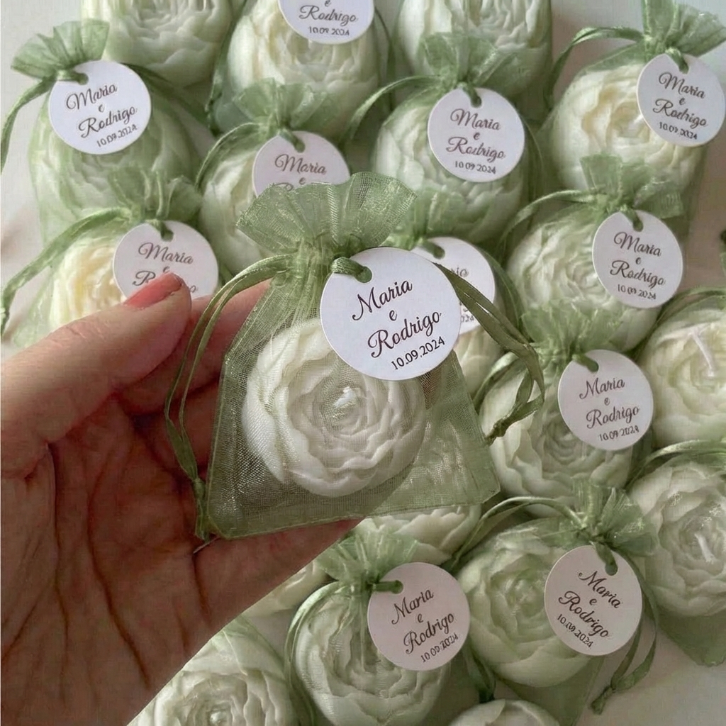 Vela mini peónia branca decorada para lembrança