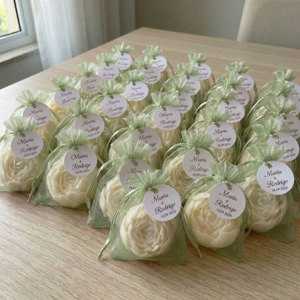 Vela mini peónia branca decorada para lembrança