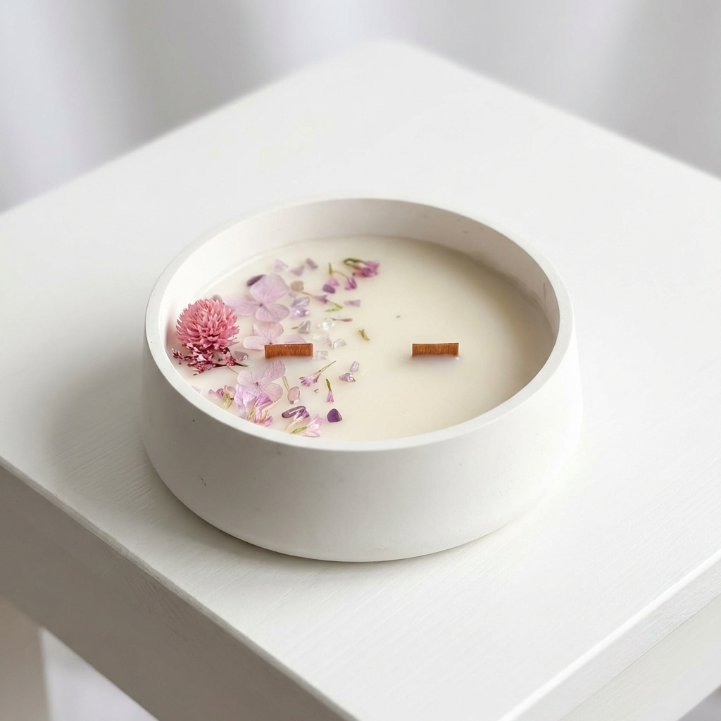 Vela com flores naturais e cristais de ametista