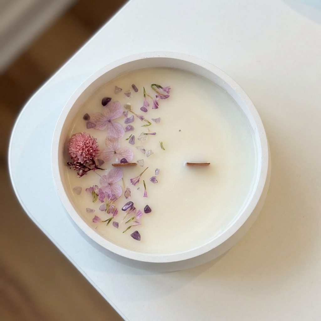 Vela com flores naturais e cristais de ametista