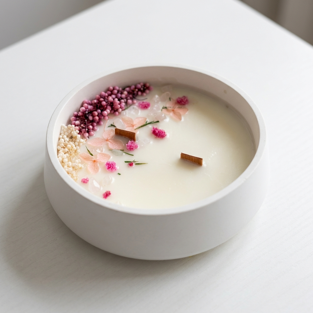 Vela com flores naturais e cristais quartzo-rosa