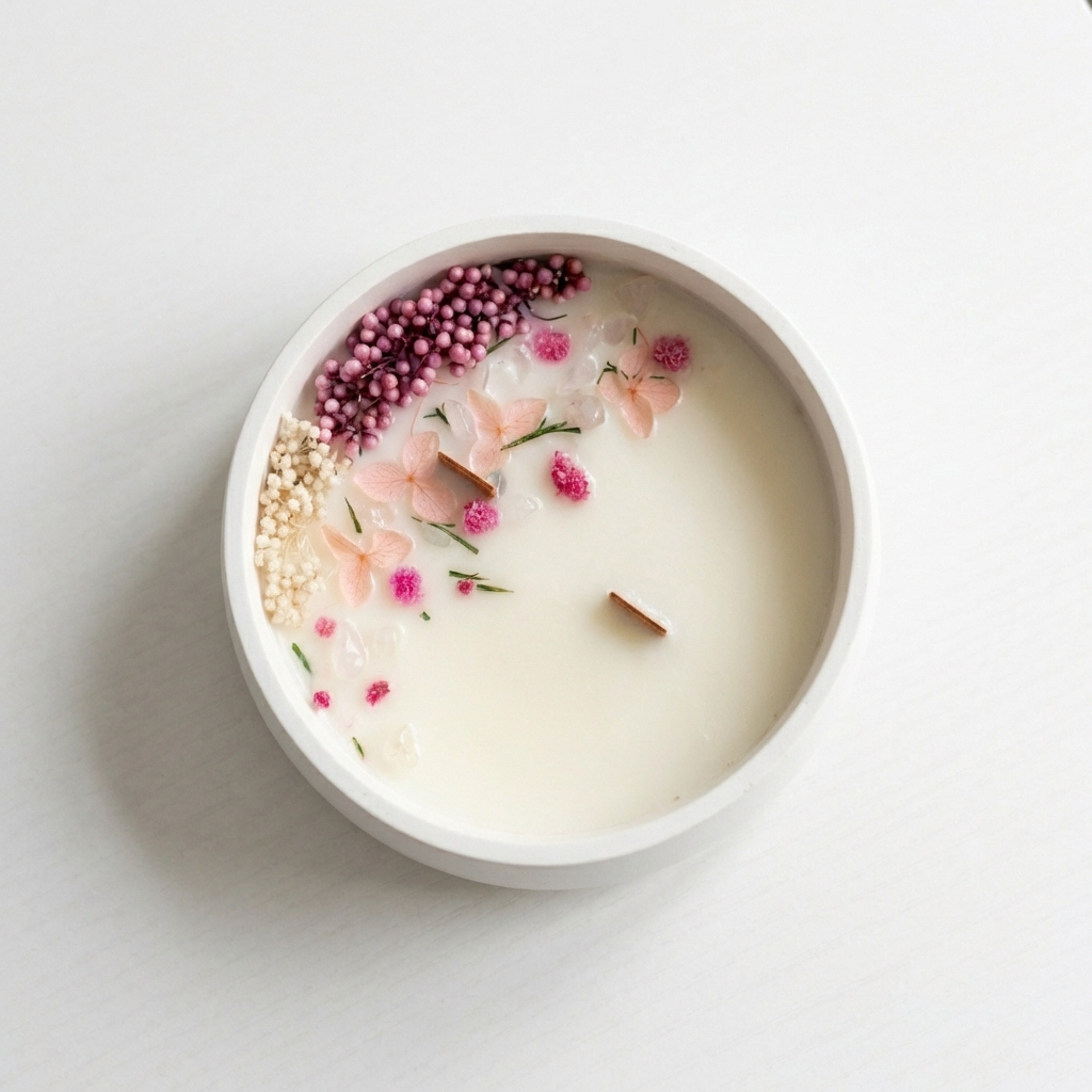 Vela com flores naturais e cristais quartzo-rosa