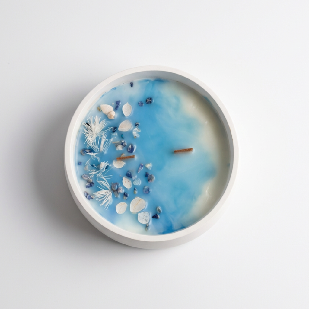 Vela com flores naturais e cristais sodalita