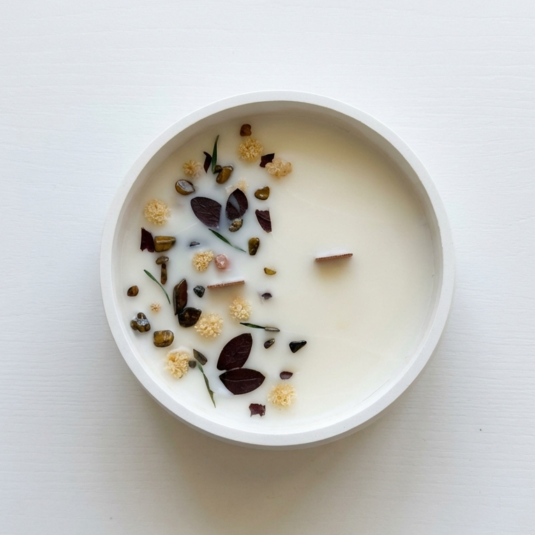 Vela com flores naturais e cristais olho de tigre