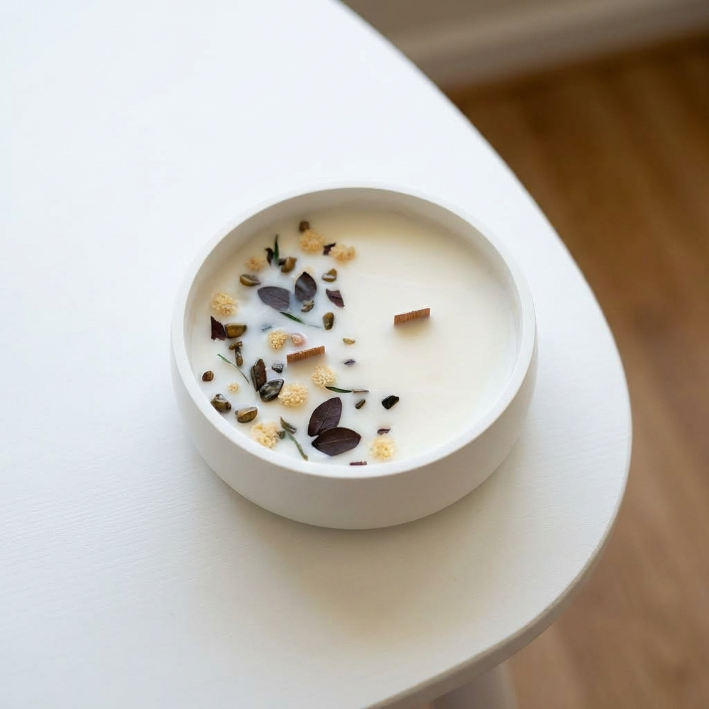 Vela com flores naturais e cristais olho de tigre