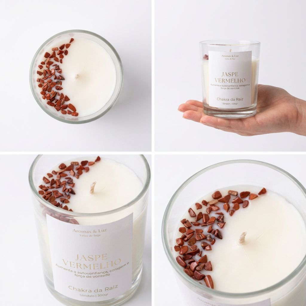Vela aromática Chakra da Raiz com Jaspe Vermelho – Autoconfiança, coragem e força de vontade