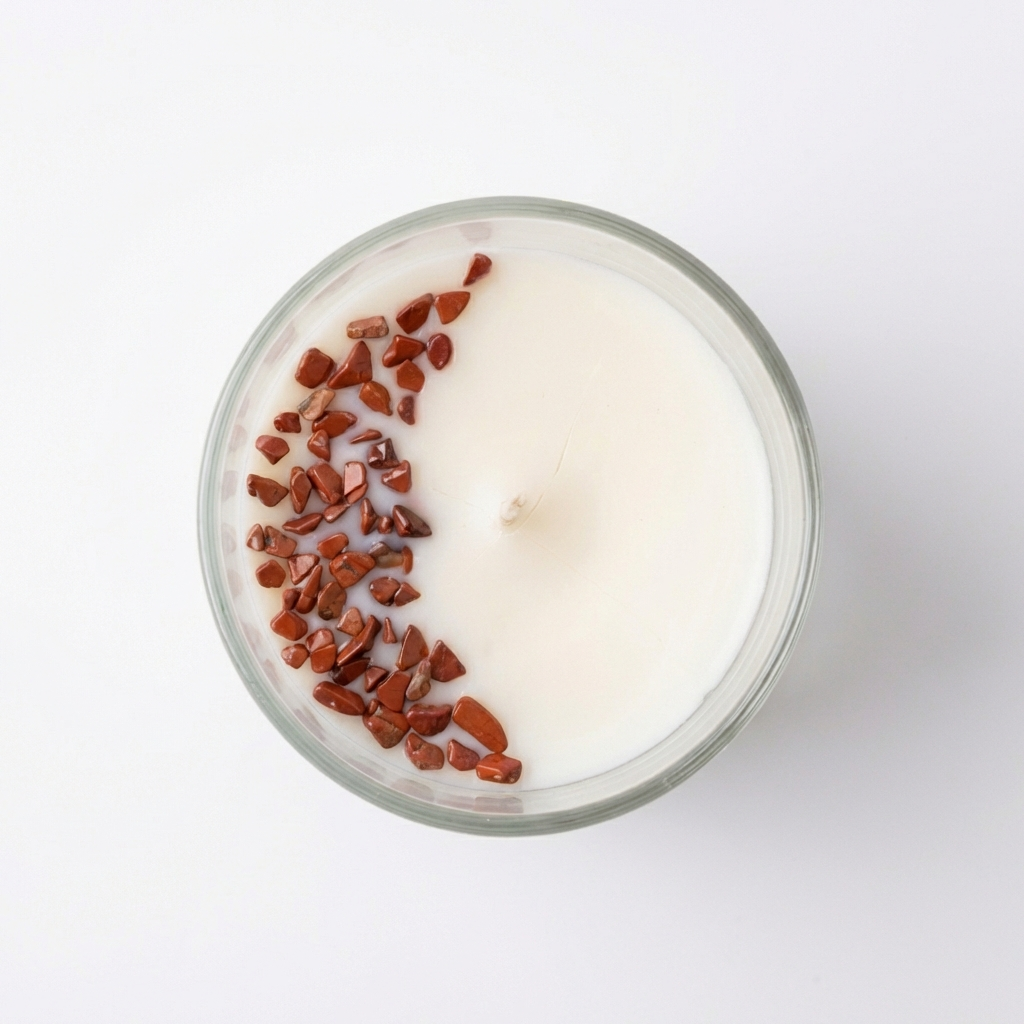 Vela aromática Chakra da Raiz com Jaspe Vermelho – Autoconfiança, coragem e força de vontade