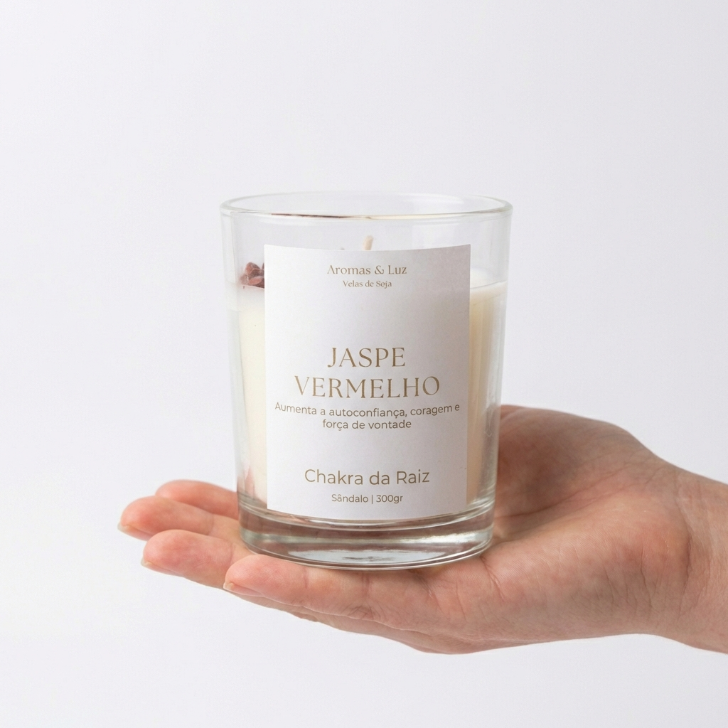 Vela aromática Chakra da Raiz com Jaspe Vermelho – Autoconfiança, coragem e força de vontade