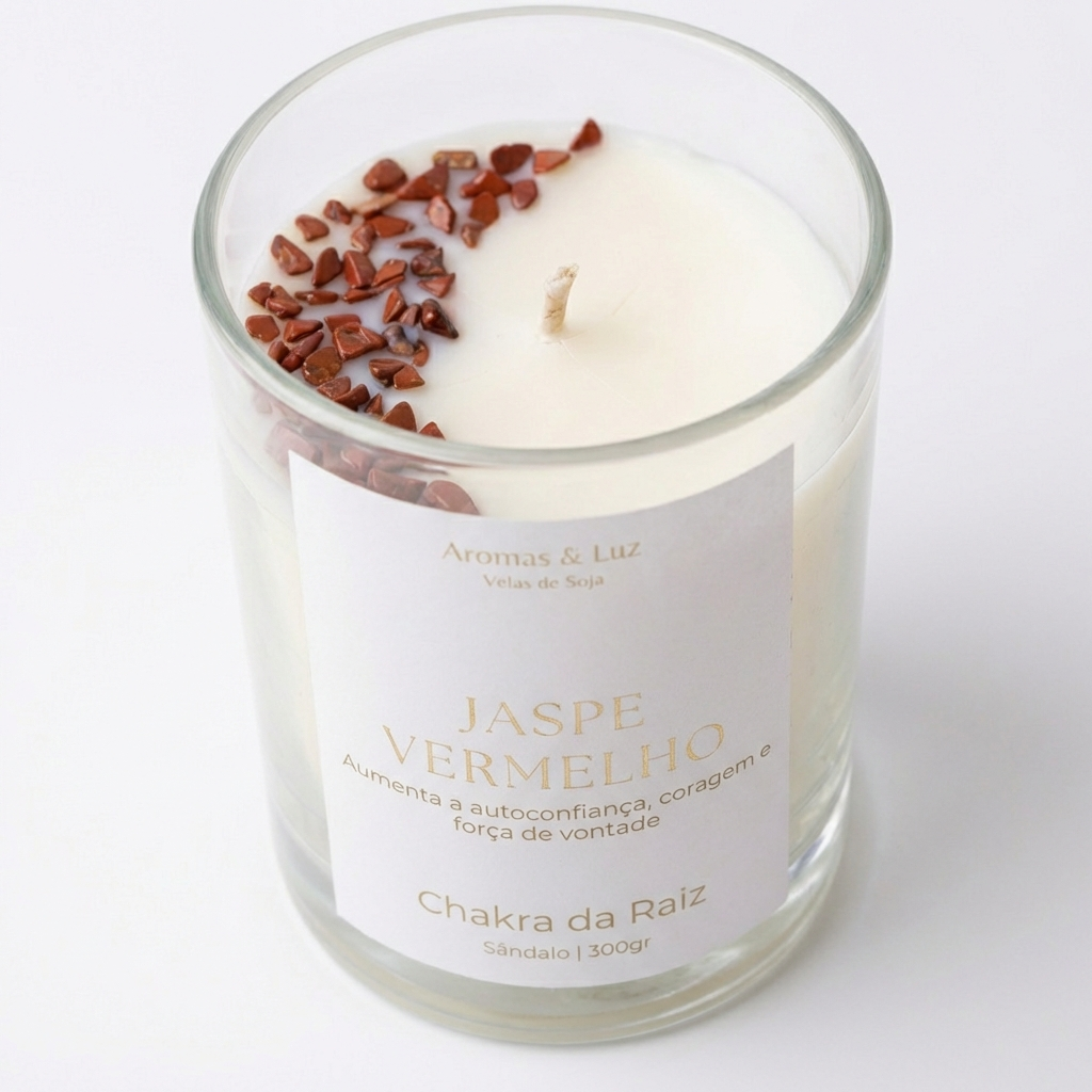 Vela aromática Chakra da Raiz com Jaspe Vermelho – Autoconfiança, coragem e força de vontade