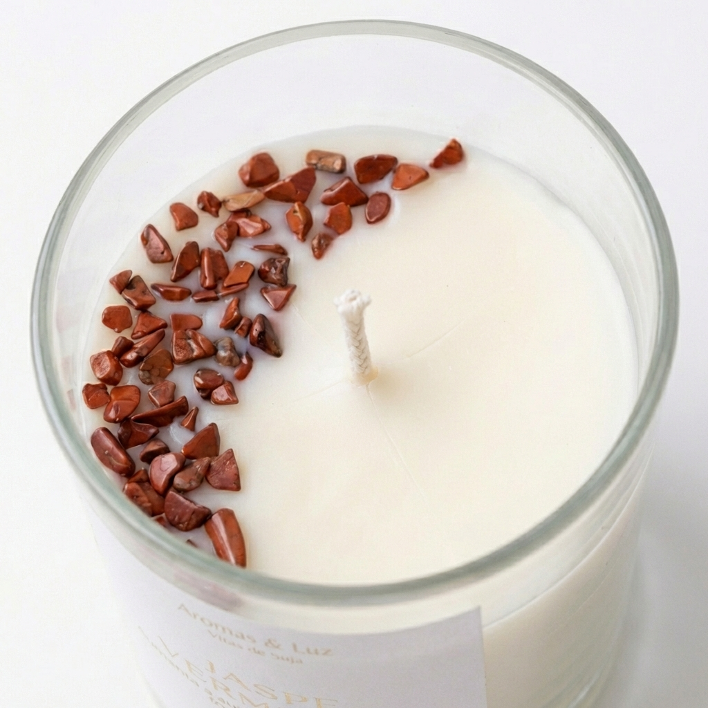 Vela aromática Chakra da Raiz com Jaspe Vermelho – Autoconfiança, coragem e força de vontade