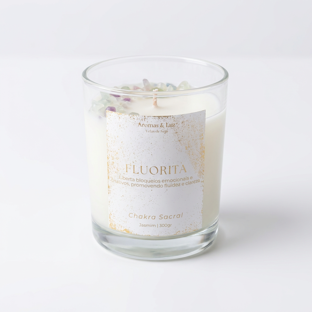 Vela aromática Chakra Sacral com Fluorita – Criatividade, Equilíbrio e Fluidez