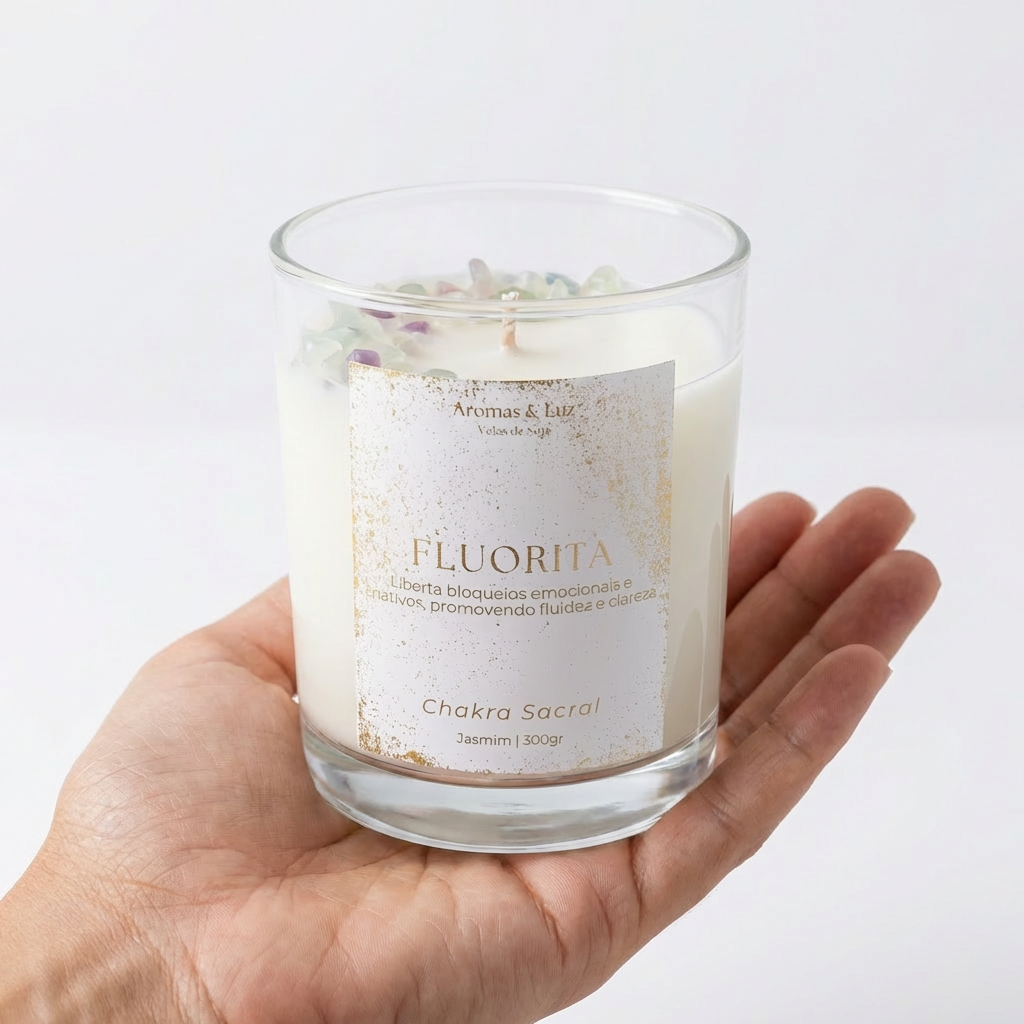 Vela aromática Chakra Sacral com Fluorita – Criatividade, Equilíbrio e Fluidez