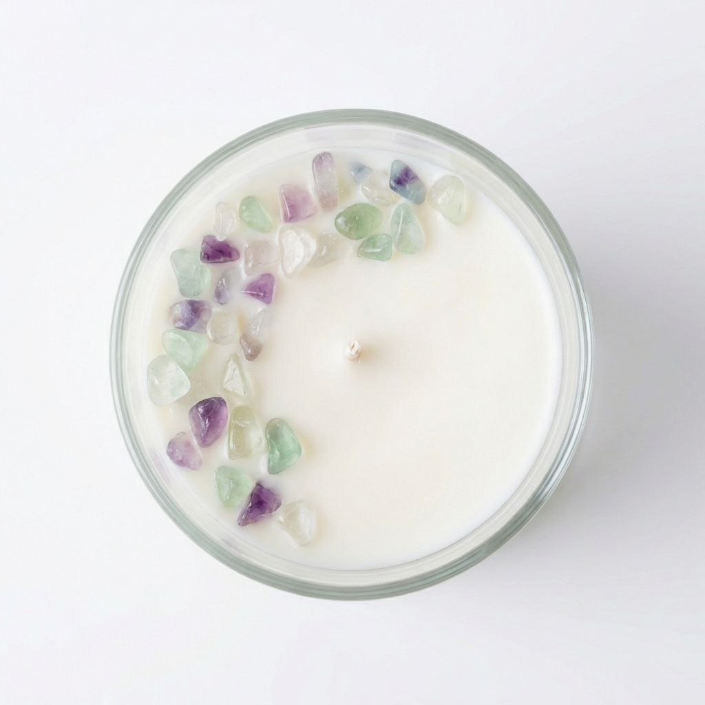 Vela aromática Chakra Sacral com Fluorita – Criatividade, Equilíbrio e Fluidez
