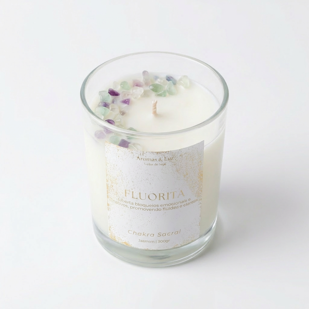 Vela aromática Chakra Sacral com Fluorita – Criatividade, Equilíbrio e Fluidez