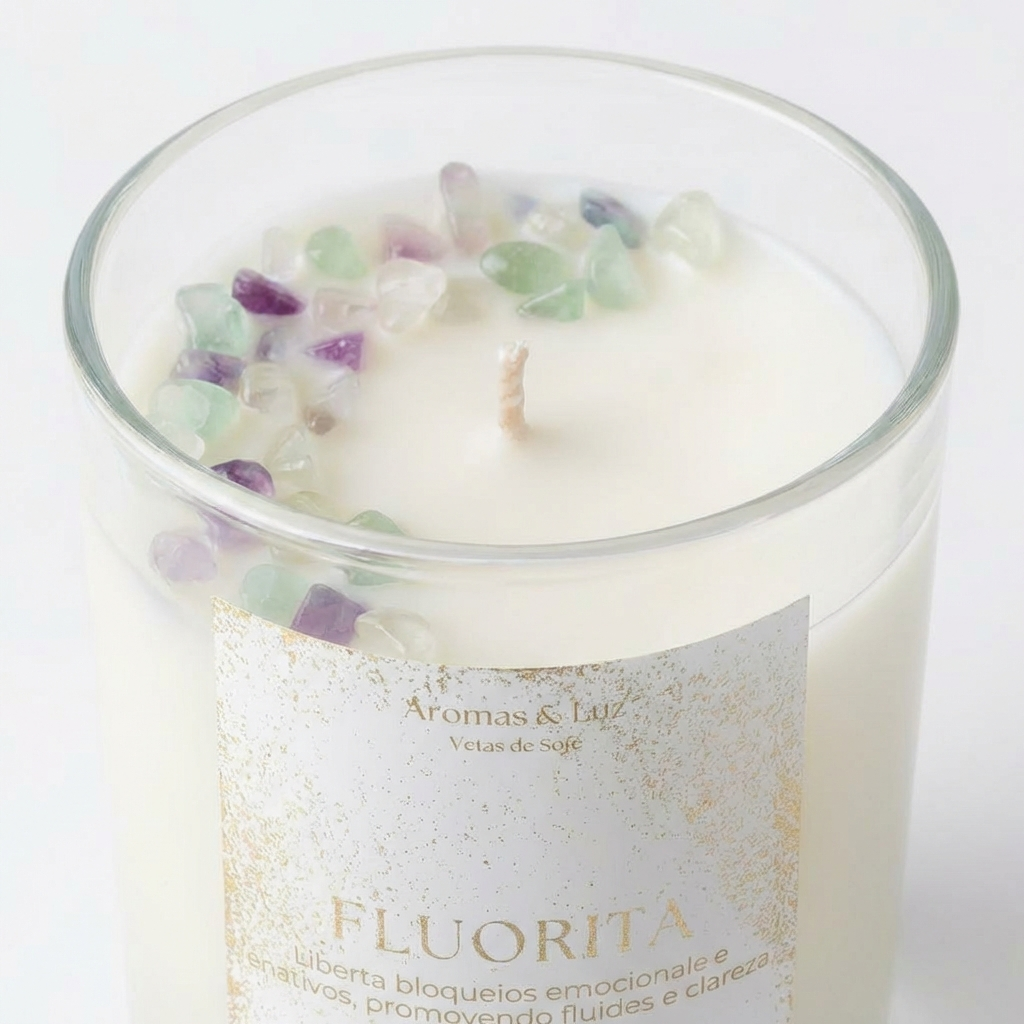 Vela aromática Chakra Sacral com Fluorita – Criatividade, Equilíbrio e Fluidez