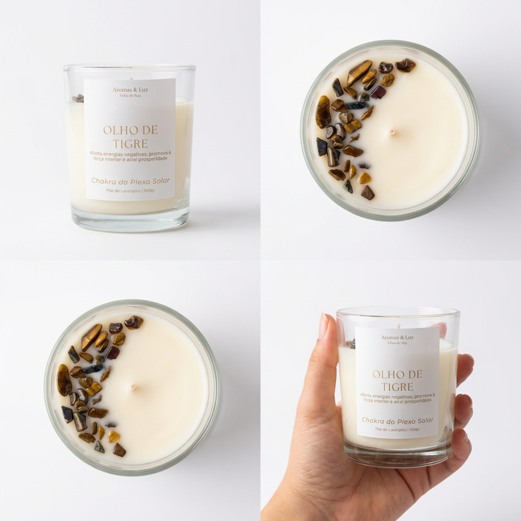 Vela aromática Chakra do Plexo Solar com Olho de Tigre – Proteção, Força Interior e Prosperidade
