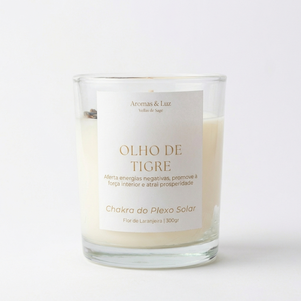 Vela aromática Chakra do Plexo Solar com Olho de Tigre – Proteção, Força Interior e Prosperidade