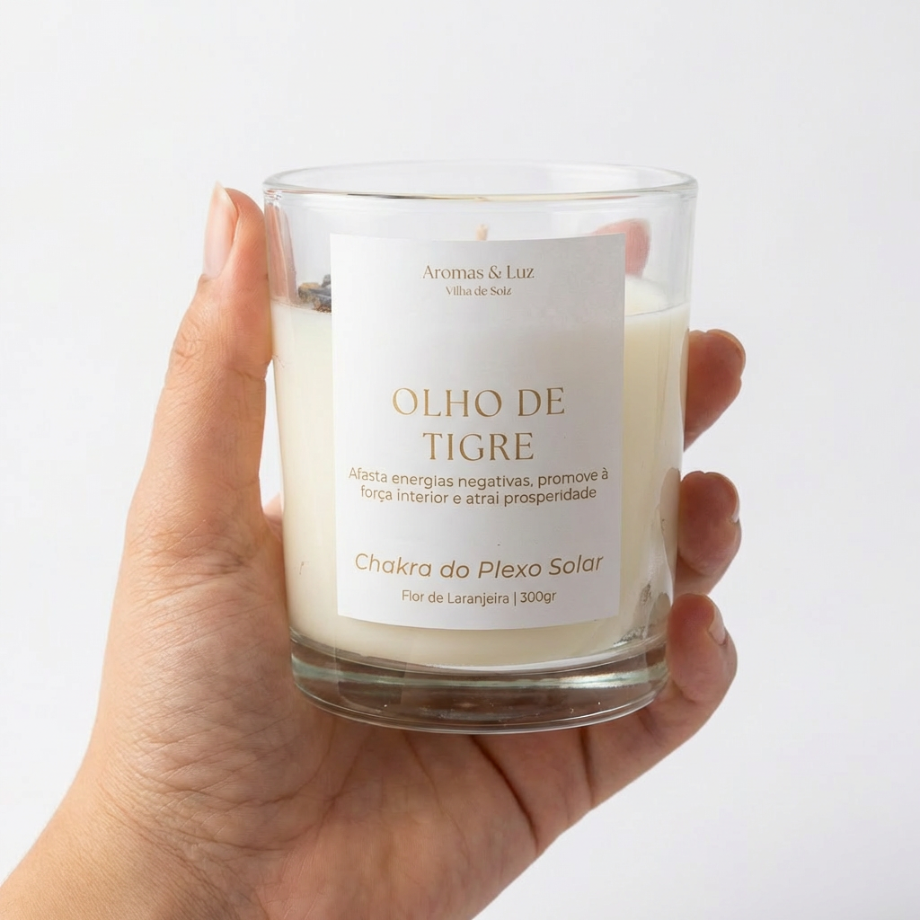 Vela aromática Chakra do Plexo Solar com Olho de Tigre – Proteção, Força Interior e Prosperidade