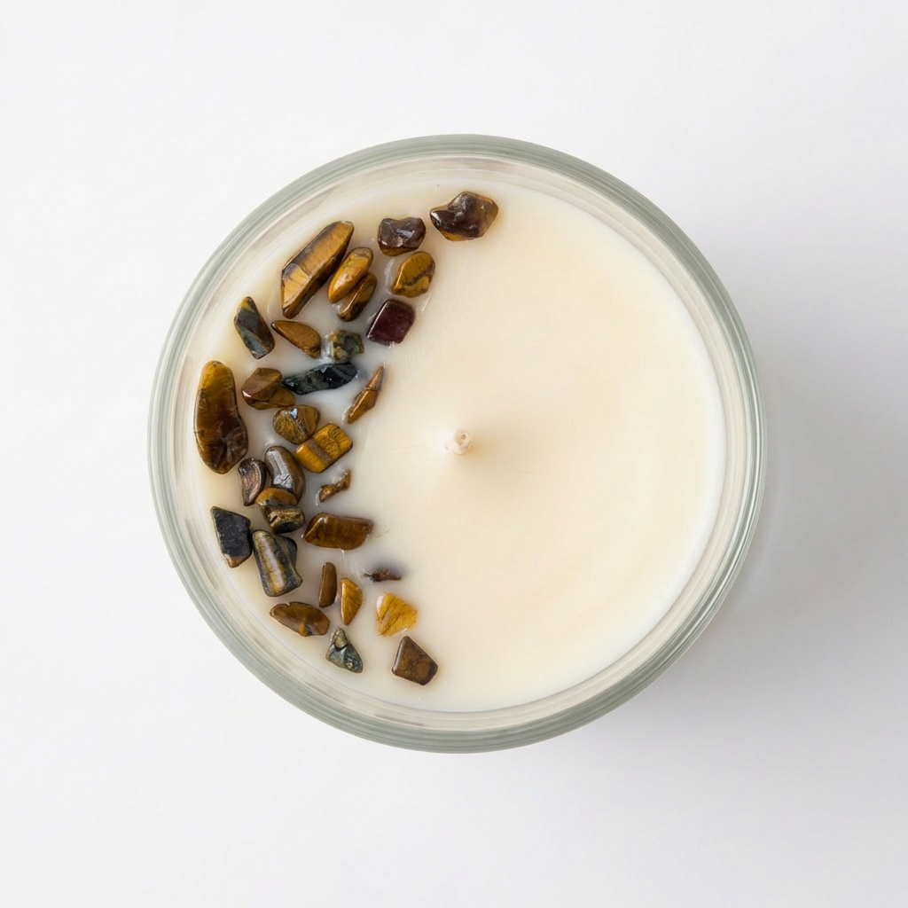 Vela aromática Chakra do Plexo Solar com Olho de Tigre – Proteção, Força Interior e Prosperidade