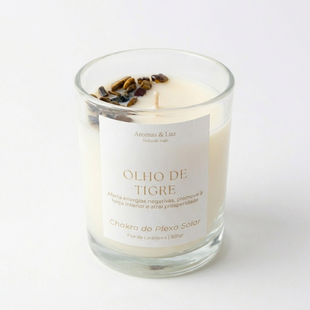 Vela aromática Chakra do Plexo Solar com Olho de Tigre – Proteção, Força Interior e Prosperidade