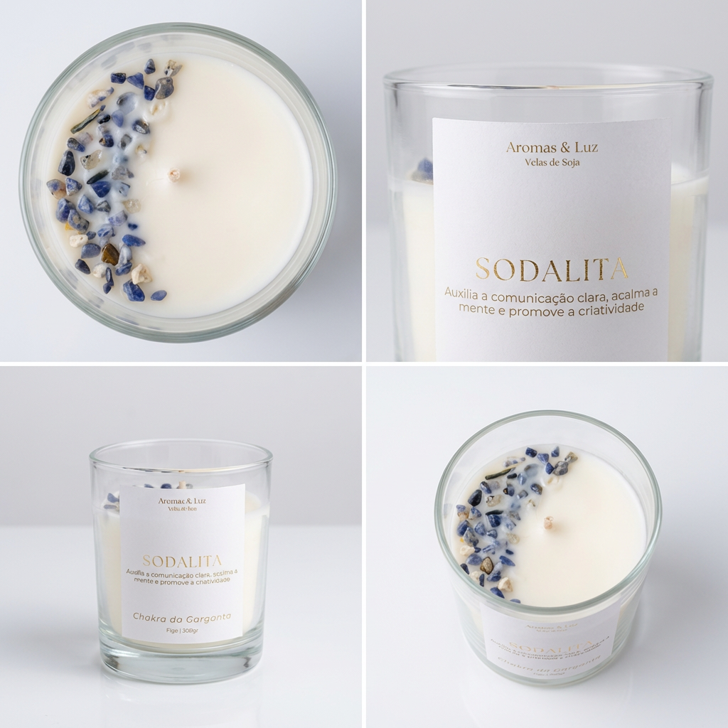 Vela aromática Chakra da Garganta com Sodalita – Comunicação, Clareza e Criatividade