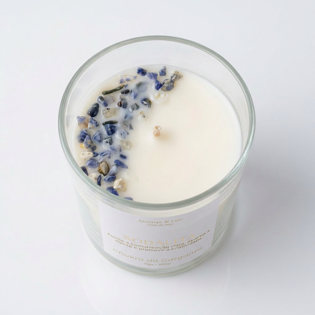Vela aromática Chakra da Garganta com Sodalita – Comunicação, Clareza e Criatividade