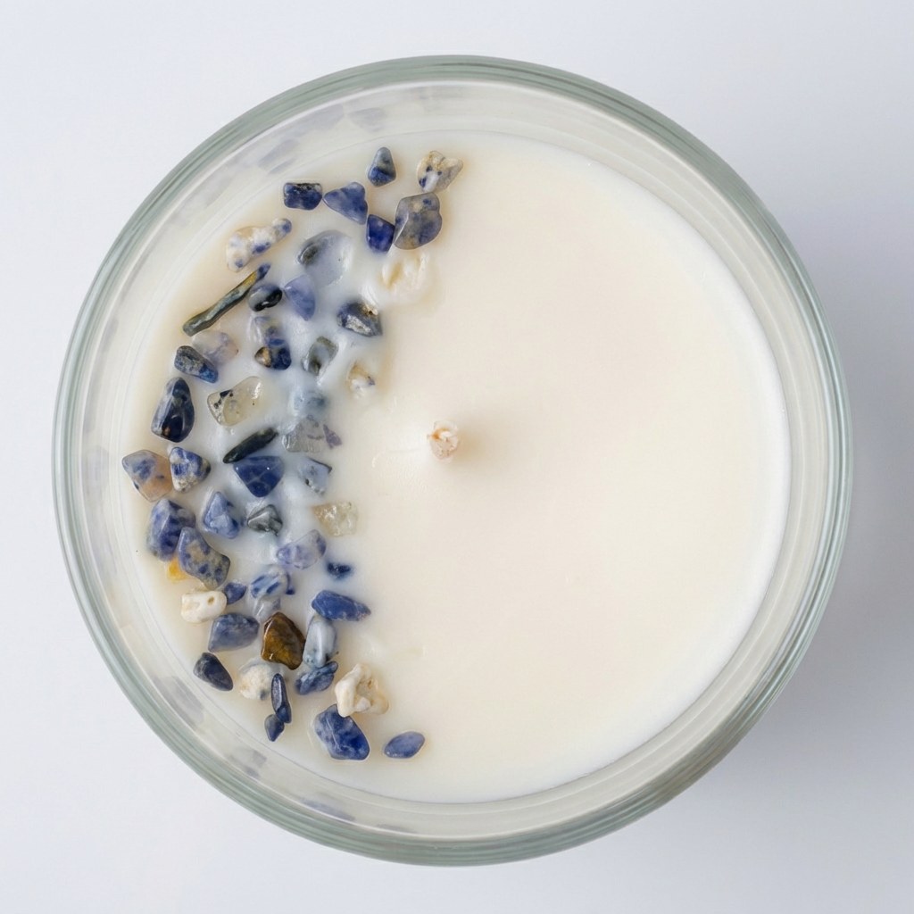 Vela aromática Chakra da Garganta com Sodalita – Comunicação, Clareza e Criatividade