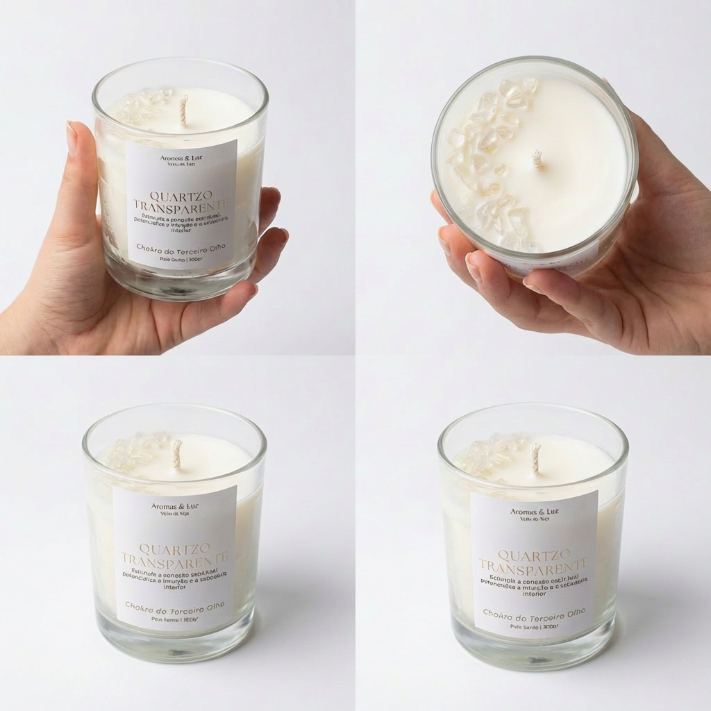 Vela aromática Chakra do Terceiro Olho com Quartzo Transparente – Intuição, Clareza e Conexão Interior