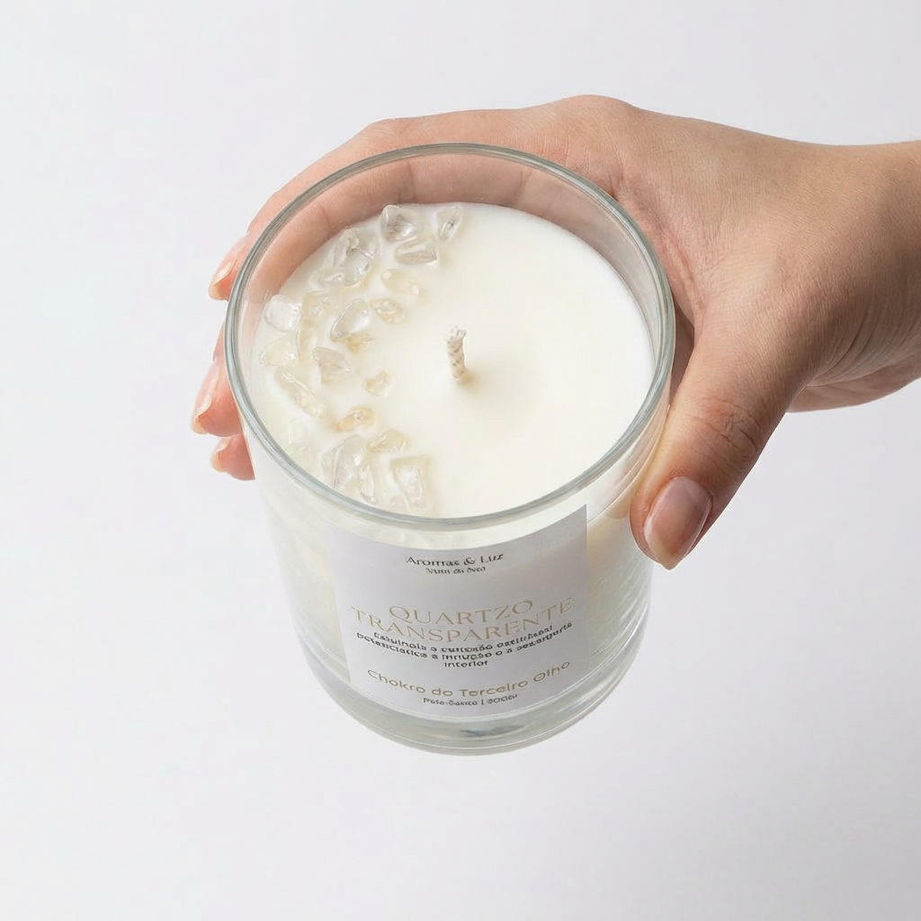 Vela aromática Chakra do Terceiro Olho com Quartzo Transparente – Intuição, Clareza e Conexão Interior