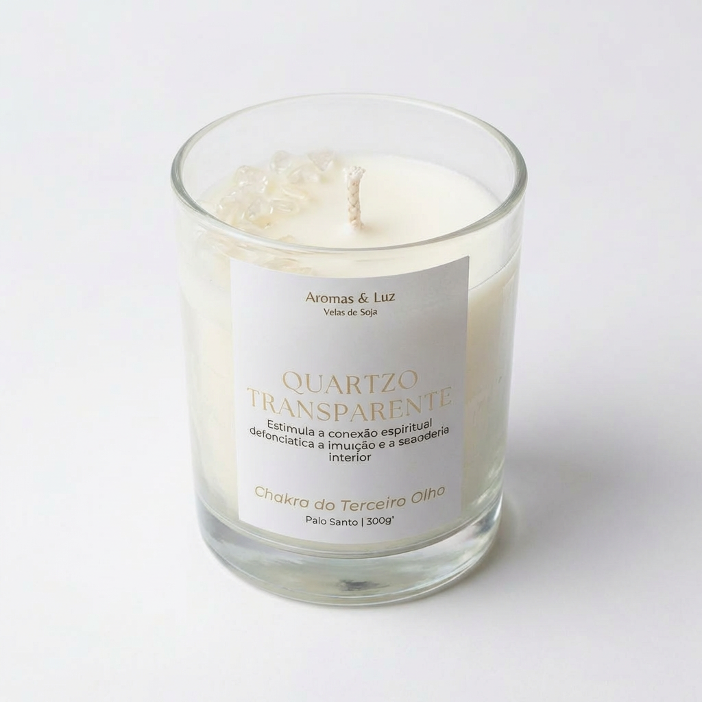 Vela aromática Chakra do Terceiro Olho com Quartzo Transparente – Intuição, Clareza e Conexão Interior