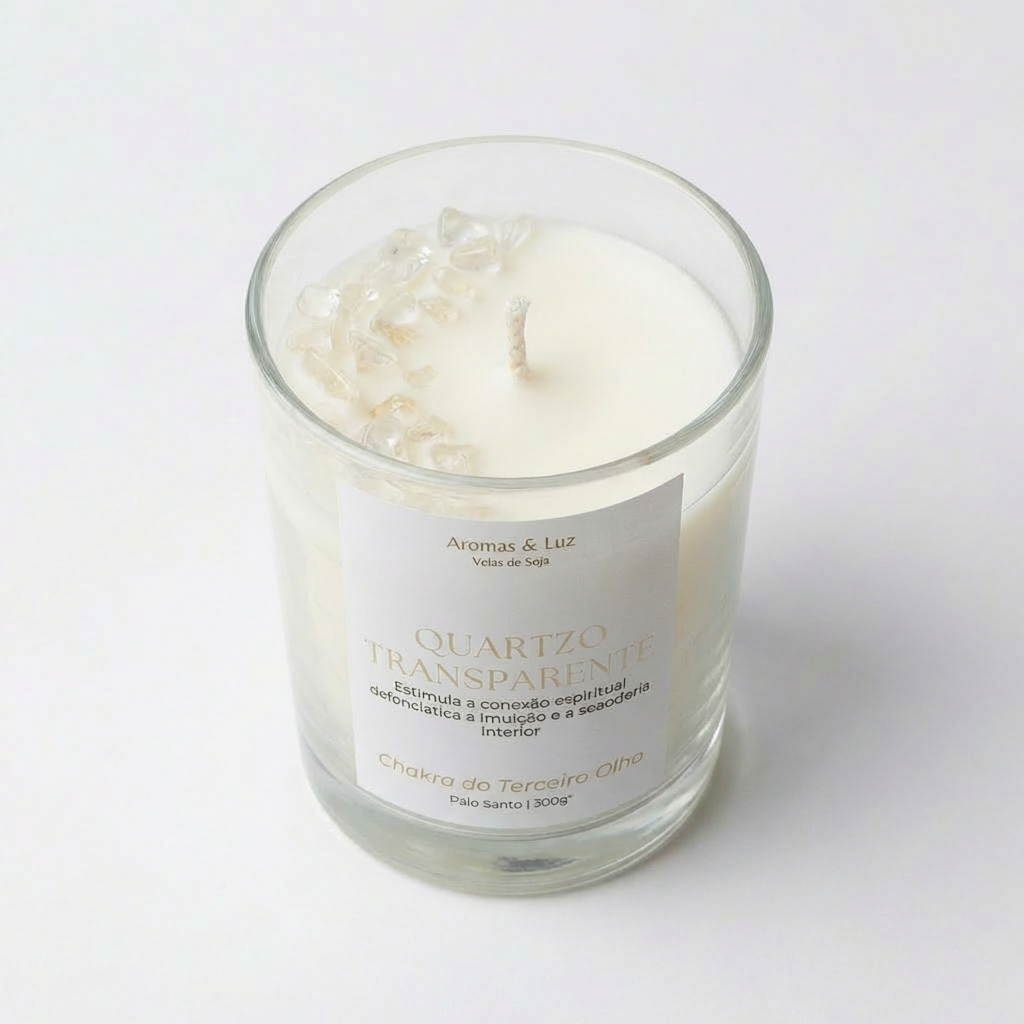 Vela aromática Chakra do Terceiro Olho com Quartzo Transparente – Intuição, Clareza e Conexão Interior