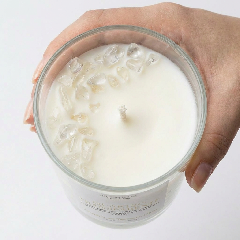Vela aromática Chakra do Terceiro Olho com Quartzo Transparente – Intuição, Clareza e Conexão Interior