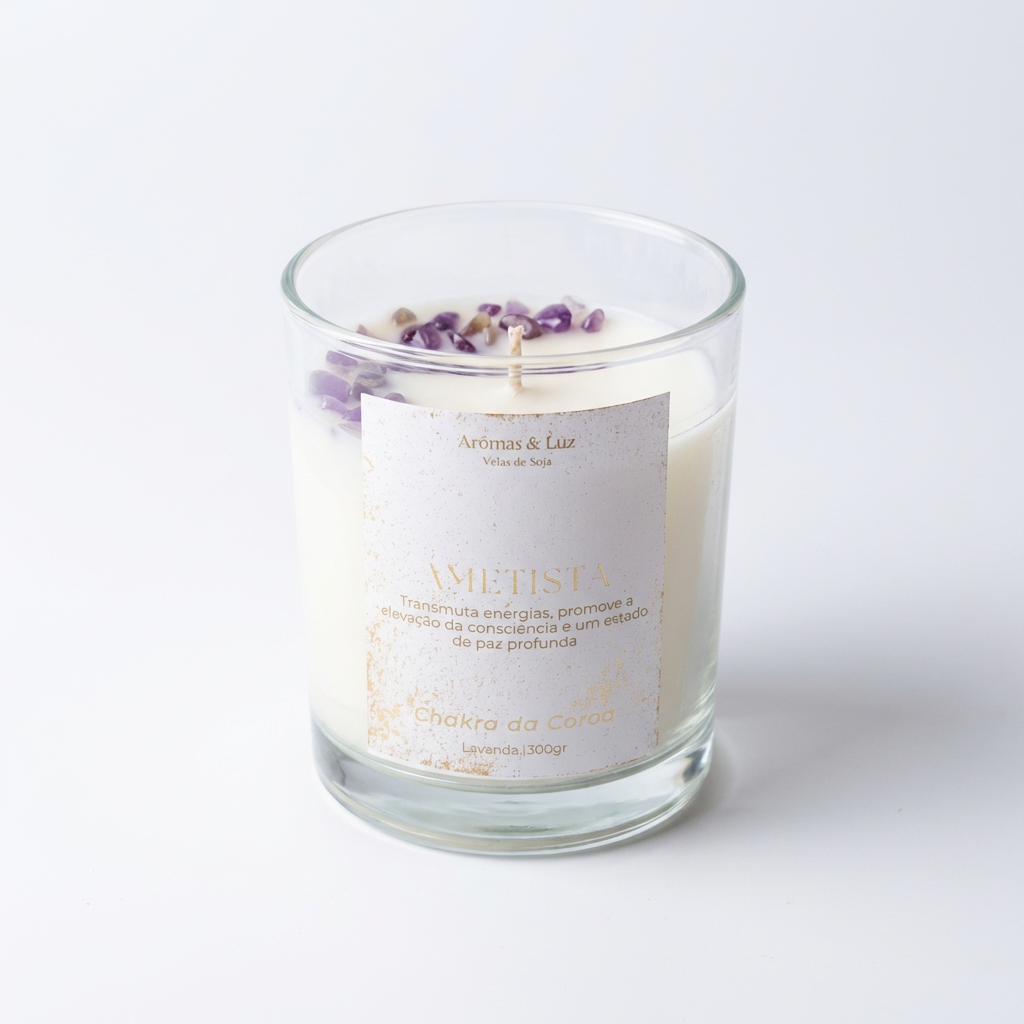 Vela aromática Chakra da Coroa com Ametista – Conexão, Sabedoria e Paz Interior