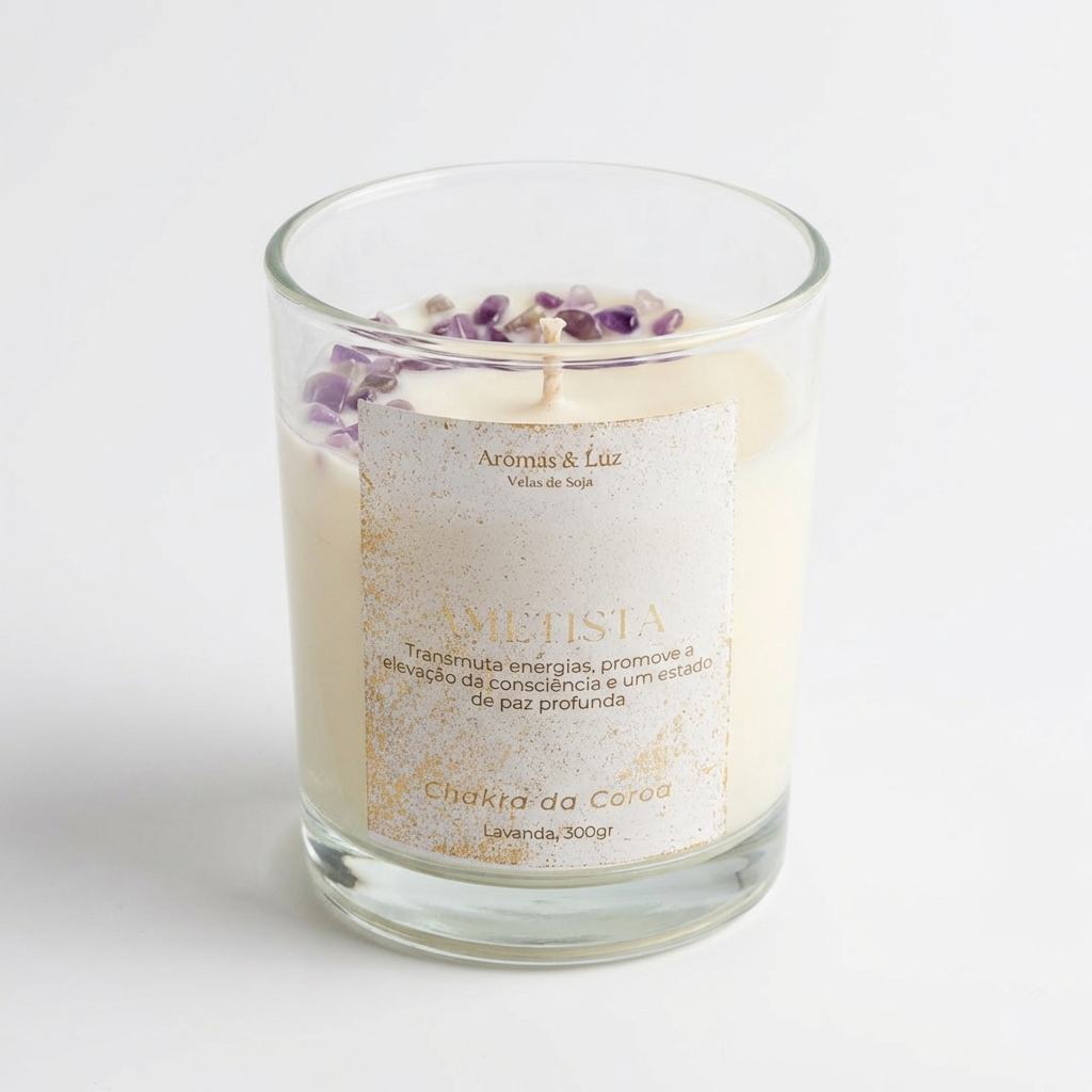 Vela aromática Chakra da Coroa com Ametista – Conexão, Sabedoria e Paz Interior