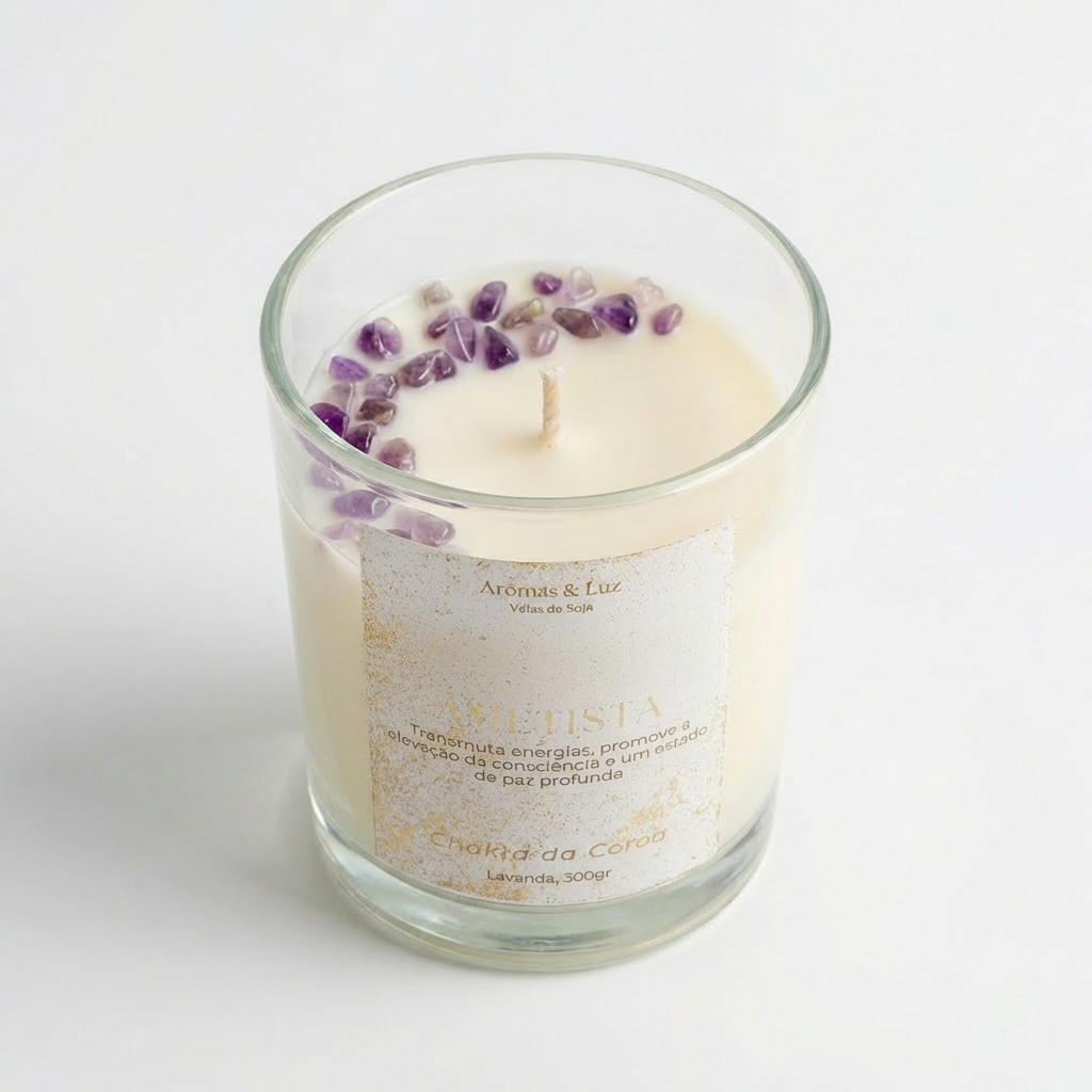 Vela aromática Chakra da Coroa com Ametista – Conexão, Sabedoria e Paz Interior