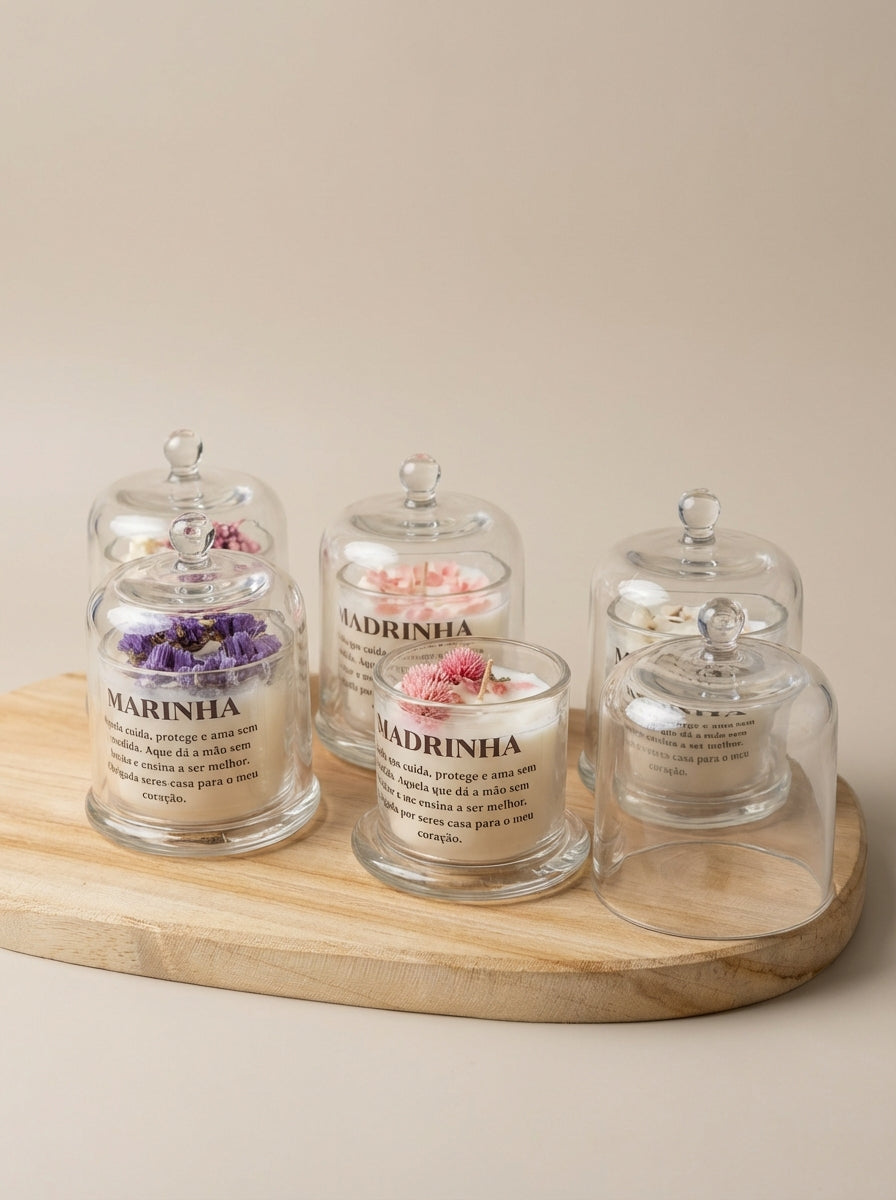 Vela de Páscoa para Madrinha com Cúpula de Vidro - Flores secas rosa