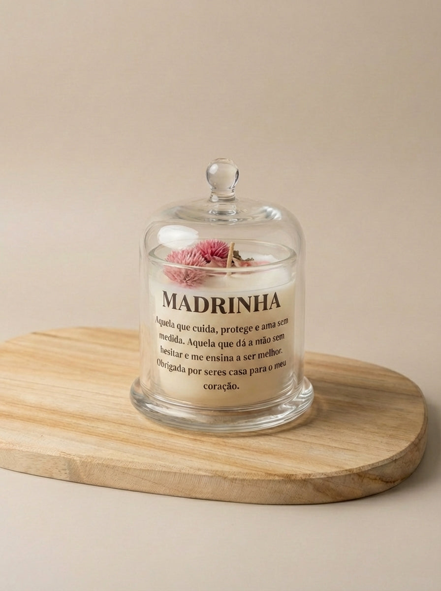 Vela de Páscoa para Madrinha com Cúpula de Vidro - Flores secas rosa