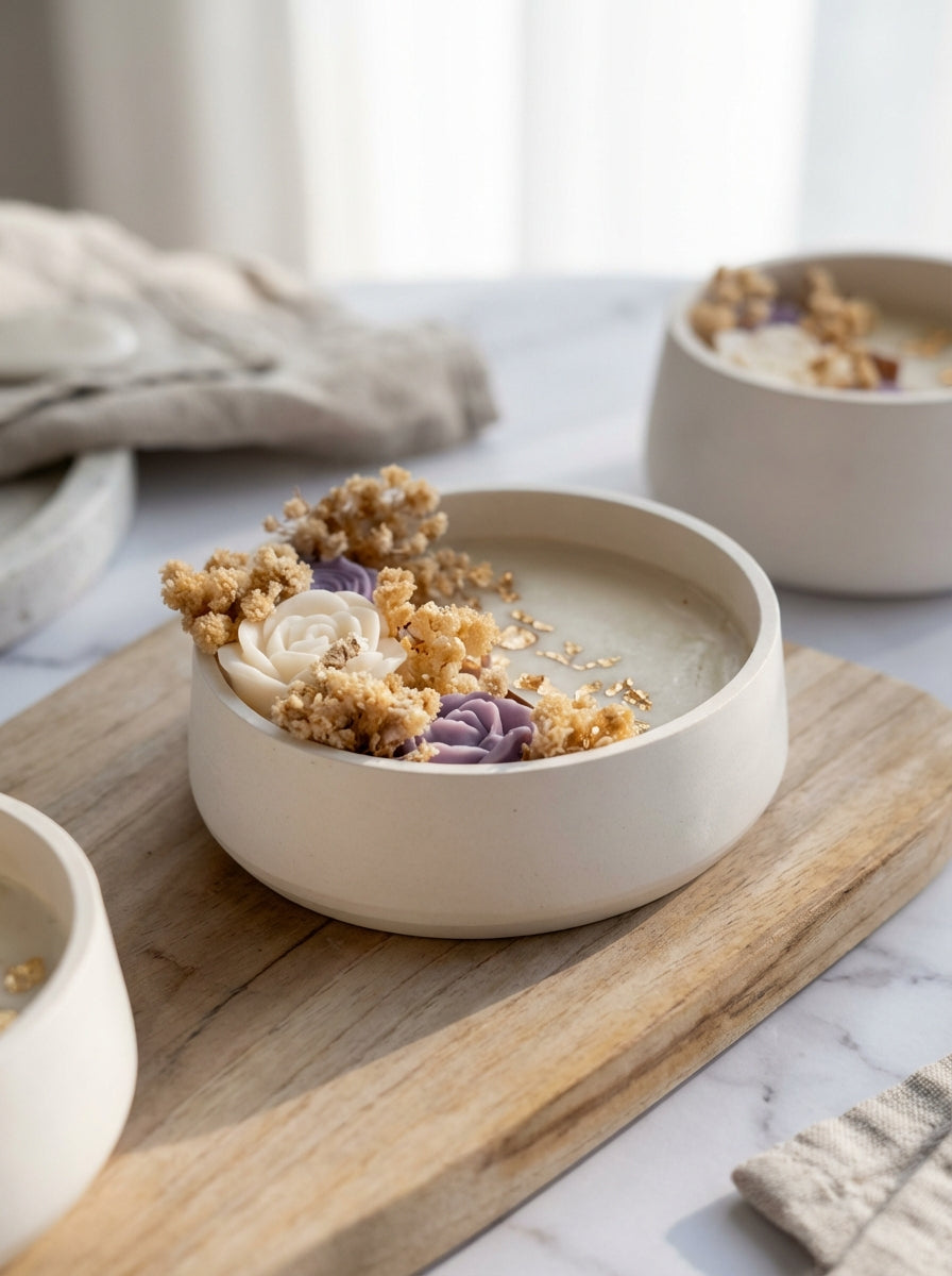 Vela com flores em cera lilás, folha de ouro e flores secas
