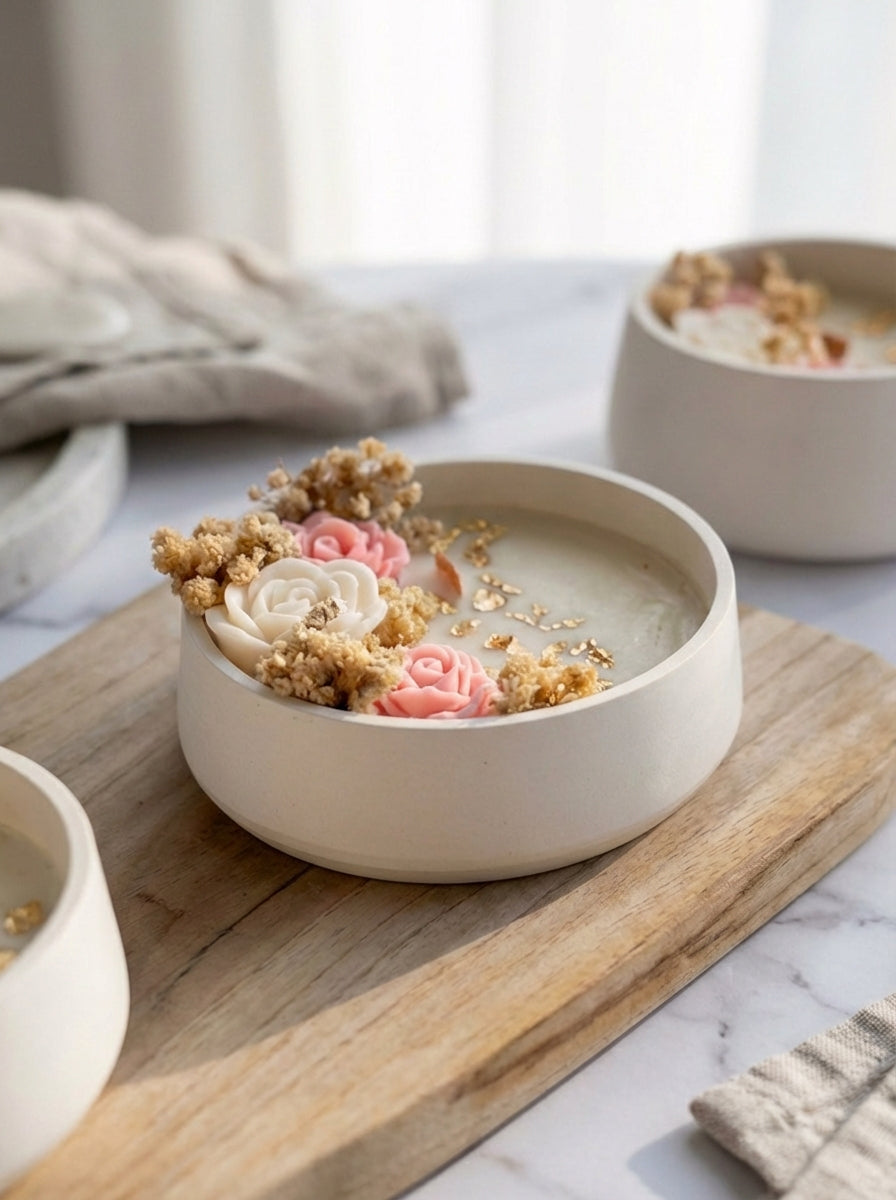 Vela com flores em cera rosa, folha de ouro e flores secas