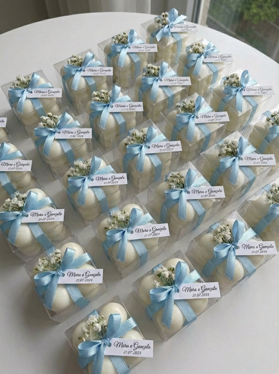 Vela mini cubo decorado para lembrança em caixa de acetato